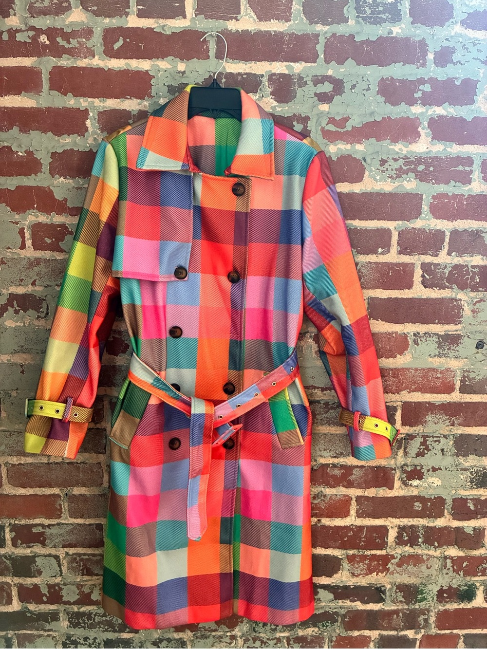 Multicolor Plaid Women's Trench Coat - Vibrant Check Print